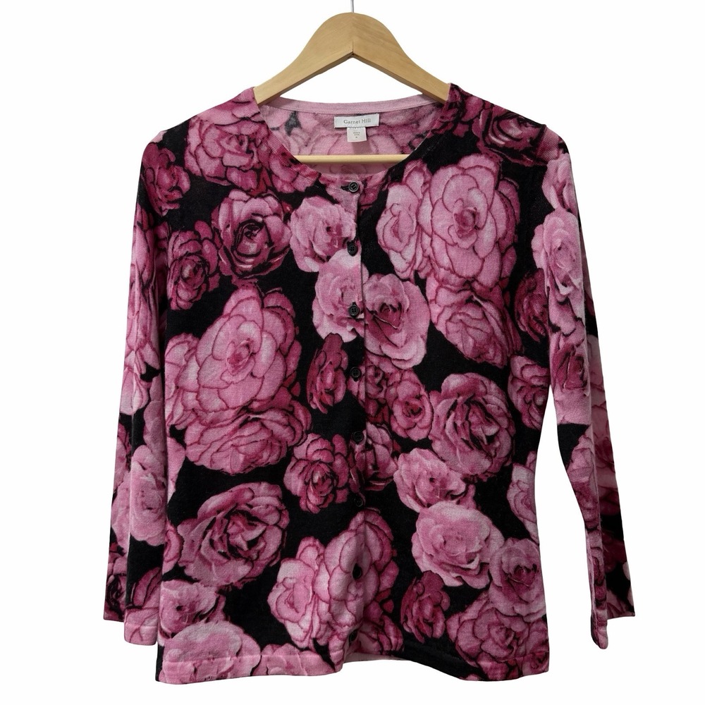 Garnet Hill Signature Eco Merino Wool Floral Cardigan Size S Pink Office Career